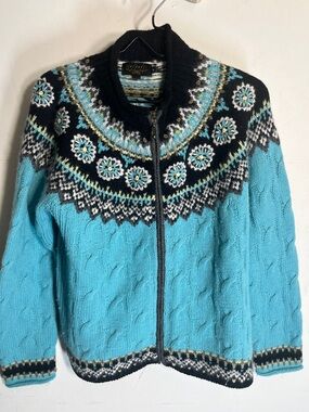Icelandic Design Sweater Womens XL  Blue Fair Isle Full Zip Mock Neck